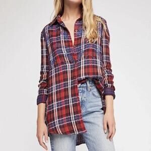 Free People Magical Plaid XS Embroidered 100% Cotton Red Blue Button Up Shirt